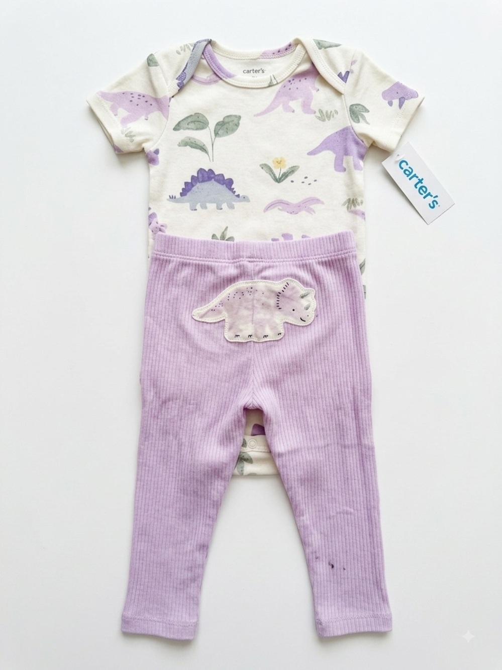 Carter's Lavender Ribbed Pants with Dino Applique & Cream Dino Print Bodysuit